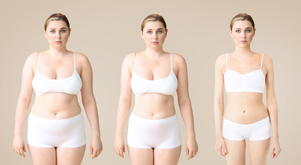 Young woman before and after slimming on color background. Stages of weight loss