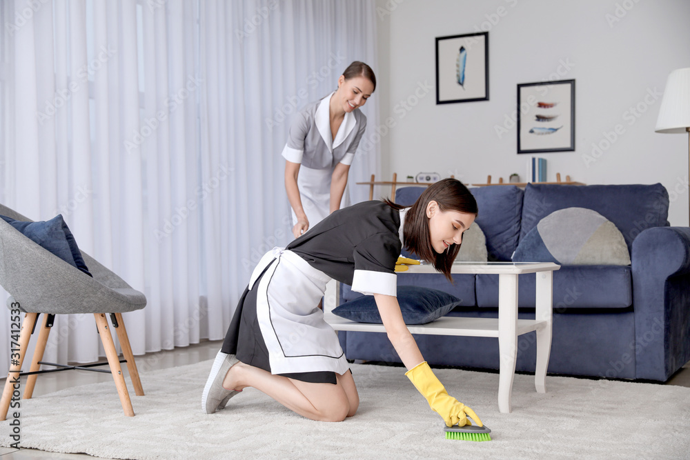 Canvas Prints Beautiful young chambermaids cleaning hotel room