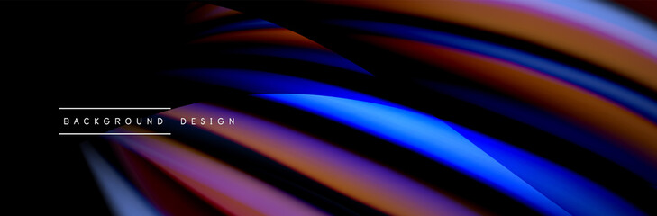 Сolorful flow poster. Wave liquid lines and shapes in black color background. Vector Illustration