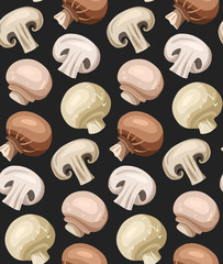 Seamless pattern of flat hand drawn champignon mushrooms on dark background. Healthy wholesome vegetarian food. Vector cartoon texture for wallpaper, fabric and your creativity.