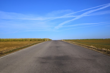 Fototapeta na wymiar A gray road with spotty pavement stretches straight to the horizon with fields in winter that are brown and empty against a blue sky with clouds