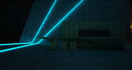 Fototapeta premium Abstract architectural concrete and rusted metal interior of a minimalist house with colored neon lighting. 3D illustration and rendering.