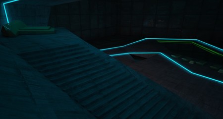 Fototapeta premium Abstract architectural concrete and rusted metal interior of a minimalist house with colored neon lighting. 3D illustration and rendering.