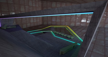 Naklejka premium Abstract architectural concrete and rusted metal interior of a minimalist house with colored neon lighting. 3D illustration and rendering.