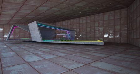 Abstract architectural concrete and rusted metal interior of a minimalist house with colored neon lighting. 3D illustration and rendering.