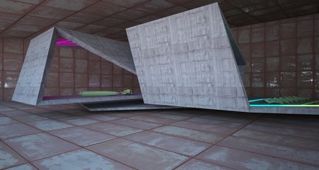 Abstract architectural concrete and rusted metal interior of a minimalist house with colored neon lighting. 3D illustration and rendering.