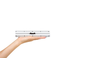 Gray metal ruler with handle. Measuring instrument.