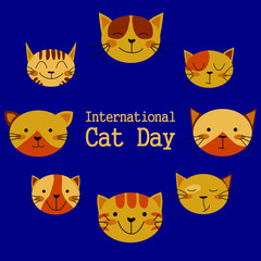 banner international cat day with cat face on blue background