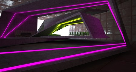 Abstract architectural concrete and rusted metal interior of a minimalist house with colored neon lighting. 3D illustration and rendering.