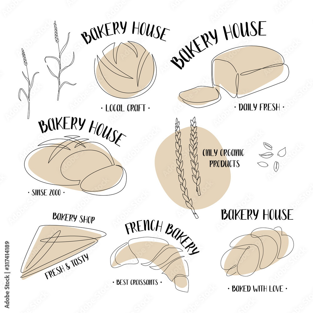 Wall mural Set with continuous line breads. Vector line art. Perfect for bakery shop logo, business cards, cafe menu, restaurant banners, food flyers, icon, packaging design