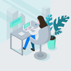 Vector isometric illustration. A young girl, brunette, in the office working at the computer, looking at the monitor, typing. On the table is a notebook and a phone. Isometric perspective.