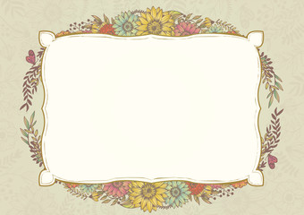 アンティークカラー　ベージュ　レトロな花柄の背景素材　手書きイラスト　結婚式招待状　サロンDM