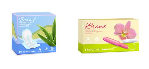 Feminine hygiene tampon sanitary pads packaging boxes, vector illustration - obrazy, fototapety, plakaty
