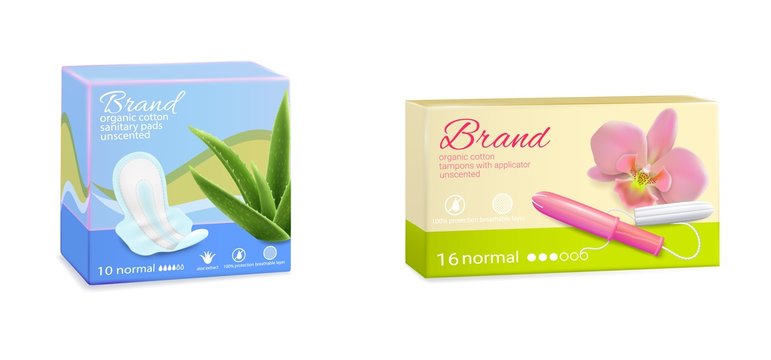 Feminine hygiene tampon sanitary pads packaging boxes, vector illustration