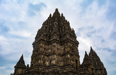 Fototapeta premium The temples in Prambanan Temple complex in the boundary between Klaten Regency and Yogyakarta Province in Java Island, Indonesia; taken at a cloudy afternoon.