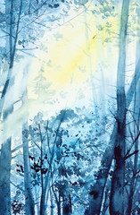 Watercolor illustration of a beautiful winter Russian forest in the sun