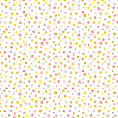 Confetti. Polka dot background painted by watercolor. Handmade watercolor handpainted paper collage. Easter paper art and craft style. Cut paper. Applique. Seamless pattern. Vintage