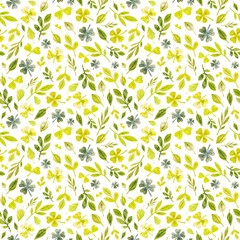 Green leaves and twigs. Shamrock. Handmade watercolor handpainted paper collage. Easter paper art and craft style. Cut paper. Applique. Seamless pattern. Vintage