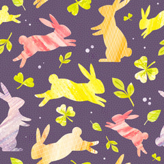 Easter bunnies. Rabbits. Easter. Spring green leaves. Handmade watercolor handpainted paper collage. Easter paper art and craft style. Cut paper. Applique. Seamless pattern. Vintage