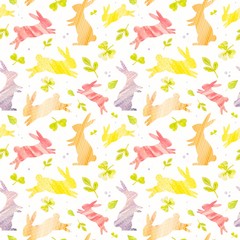 Easter bunnies. Rabbits. Easter. Spring green leaves. Handmade watercolor handpainted paper collage. Easter paper art and craft style. Cut paper. Applique. Seamless pattern. Vintage