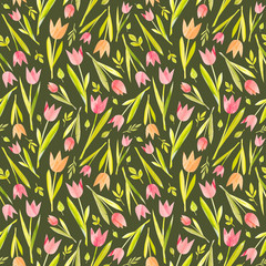 Cute pastel tulips. Pink tulips. Spring flowers. Handmade watercolor handpainted paper collage. Easter paper art and craft style. Cut paper. Applique. Seamless pattern. Vintage