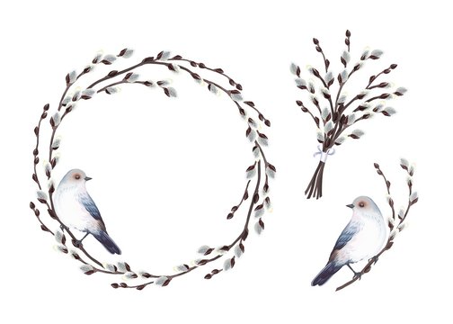 Set of decoration elements with gray-blue bird and branches blooming willow tree, circle frame, bouquet, twig. Vector spring illustration in vintage watercolor style, isolated on white background.