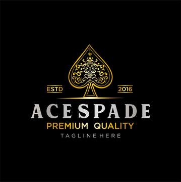 Gold royal Spade Luxury Logo vector . The heart ace gold Logo Vintage Retro Hipster stock vector, poker, gamble, casino