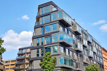 Modern grey apartment house seen in Berlin, Germany