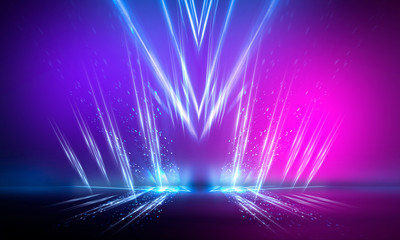 Ultraviolet abstract light. Diode tape, light line. Violet and pink gradient. Modern background, neon light. Empty stage, spotlights, neon. Abstract light.