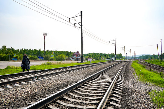Railroad tracks, double track railway, summer time
