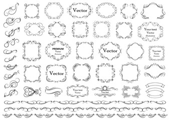 Calligraphic design elements . Decorative swirls or scrolls, vintage frames , flourishes, labels and dividers. Retro vector illustration.