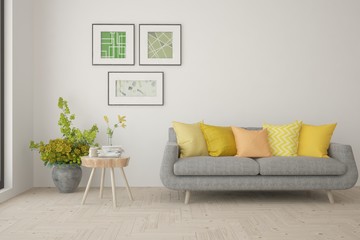 Stylish room in white color with sofa. Scandinavian interior design. 3D illustration