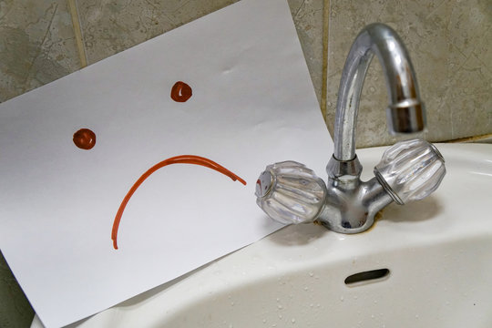 Shutdown Of Hot And Cold Water, Empty Water Tap, Sad Smiley