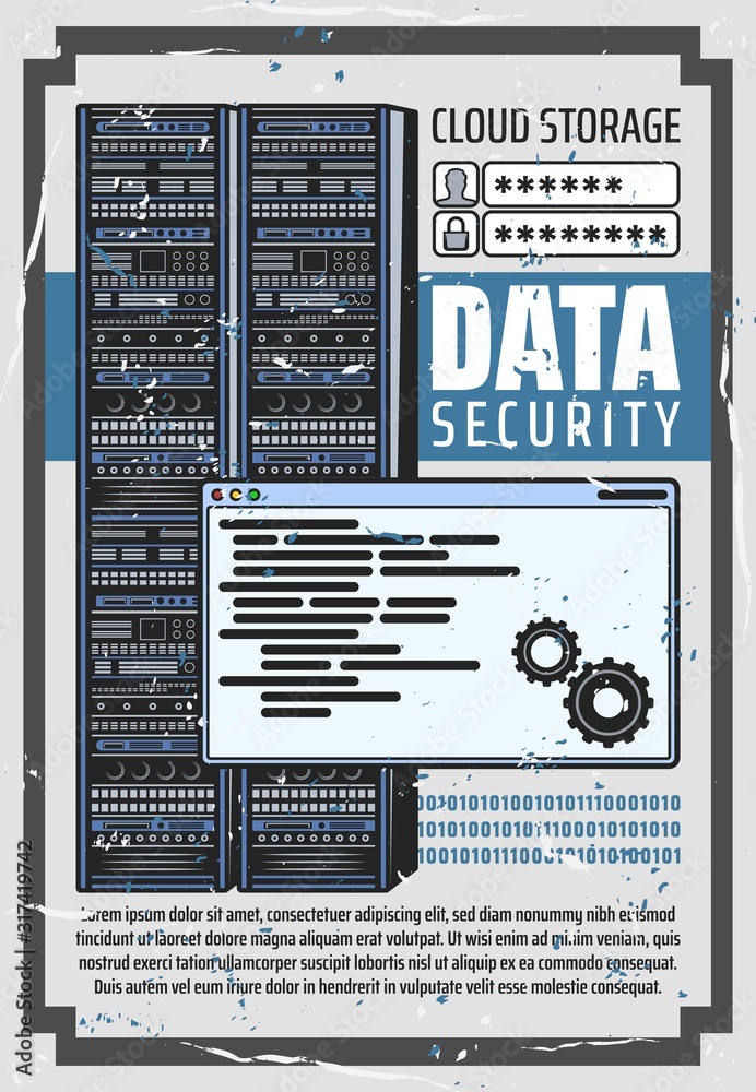 Aufkleber data security and cloud storage, server login and password info. vector digital service or app with 