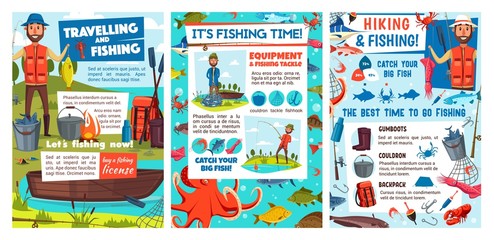 Fishing, traveling and hiking sport. Fishery equipment and tacles. Vector fisherman with rod, boat with paddles, gumboods, cauldron and backpack, campfire. Seafood, fish and shrimp, squid