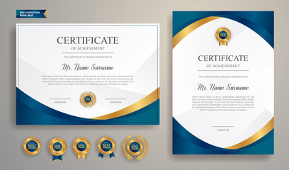 Premium gold and blue certificate of appreciation template, clean modern design with gold badge - obrazy, fototapety, plakaty