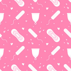Vector seamless pattern background with female hygiene products, tampons, pantyliners and menstrual cups.