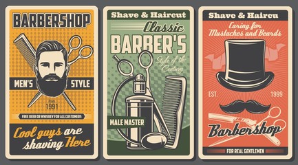 Barbershop salon, shaving, cutting and trimming service. Vector bearded man portrait, crossed brush and scissors, retro cologne perfumes. Shave and haircut, vintage hat and mustaches, men styling shop