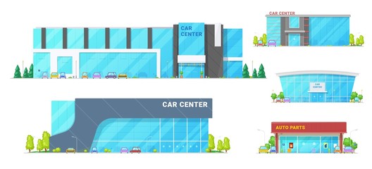 Car trade centers and showroom buildings. Vector vehicle showrooms, car dealer centers and spare parts store. Exteriors design with trees and parking zone