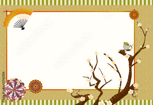 春のイメージの風景イラスト 白梅とメジロのイラストと和風の背景素材 Background Wall Mural Backgrou Globeds