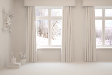Fototapeta na wymiar Mock up of empty room in white color with winter landscape in window. Scandinavian interior design. 3D illustration