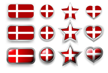 Set of Denmark vector labels - square button, circle button, star and heart buttons in flag colors red, white for flyer, poster or any holiday design