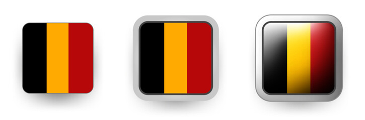 Set of 3 Belgium vector labels - square button shield, flat and volumetric style in flag colors black, yellow, red for flyer any holiday design or poster