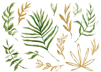 Hand Drawn Watercolor Tropical Clipart, Leaves, Wreath, Brush Stroke, Texture, Ink Drop