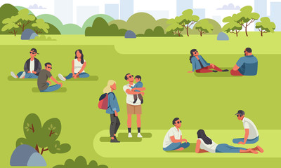 Various tiny people at park performing leisure outdoor activities. Cartoon colorful vector illustration - obrazy, fototapety, plakaty