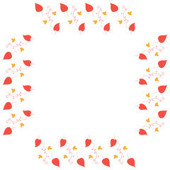 Square frame with vertical red leaves, decorative elements and little yellow leaves on white background. Isolated wreath for your design.