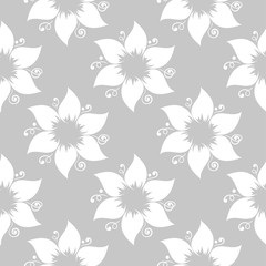 Floral seamless pattern. White flowers on gray monochrome background