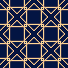 Geometrische vierkante print. Gouden patroon op donkerblauwe naadloze achtergrond