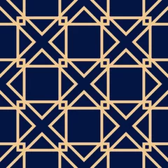 Foto op Plexiglas Geometrische vierkante print. Gouden patroon op donkerblauwe naadloze achtergrond © Liudmyla