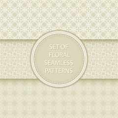 Floral seamless patterns compilation. White designs on olive green backgrounds